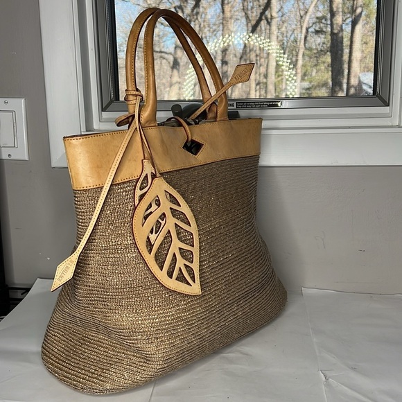 MZ Wallace Large Raffia and Belting Leather Woven Tote Handbag - Rare Style - Picture 2 of 12